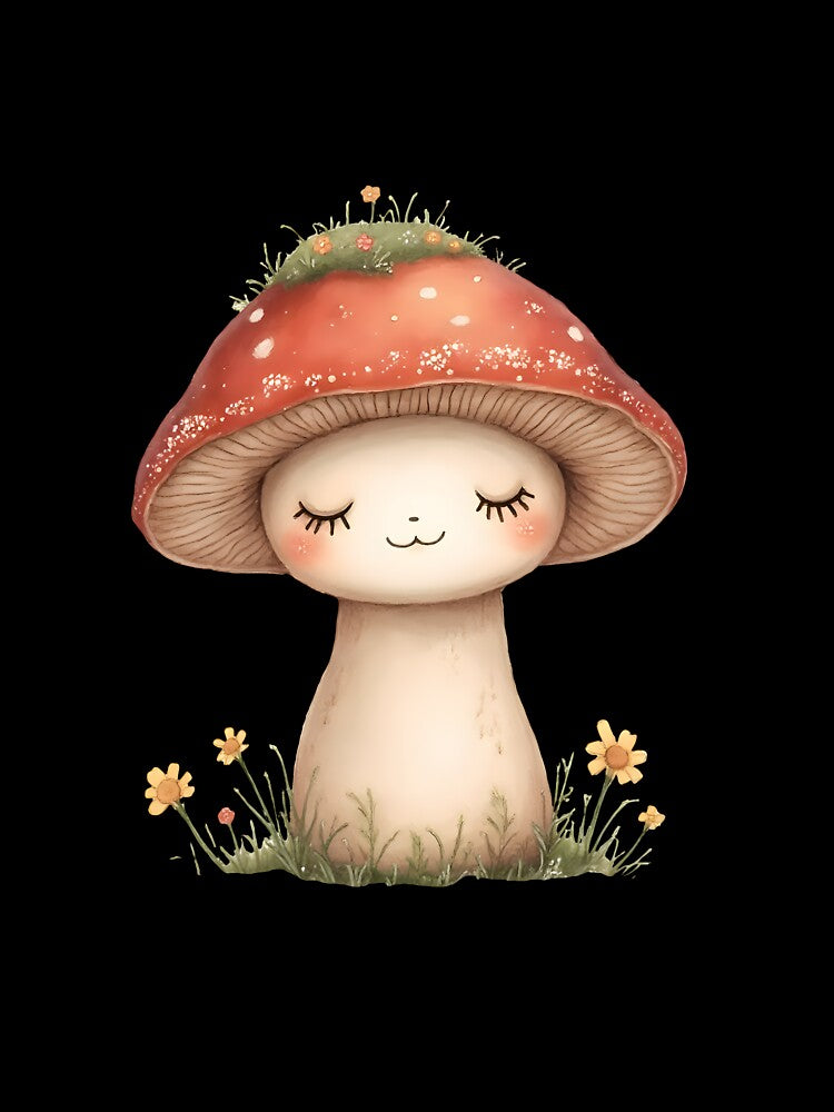 Kawaii Mushroom with Flowers – Cute Red Cap Woodland Art by QuickPick Store