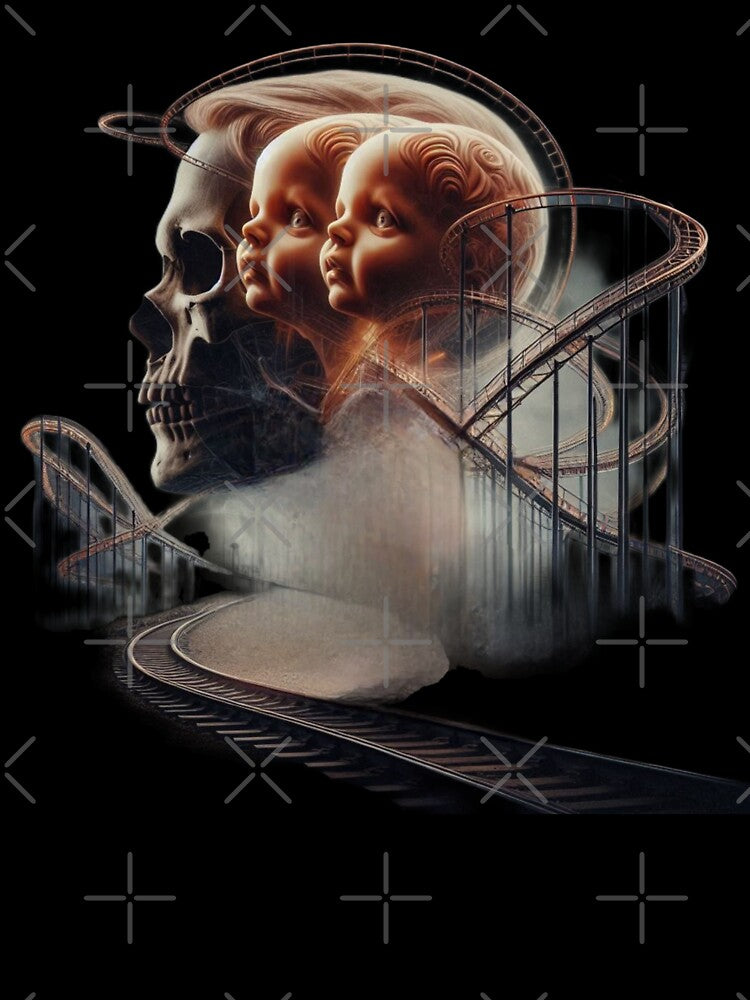 Vintage Twin Dolls and Skull Rollercoaster Surreal Art by LujziWorld