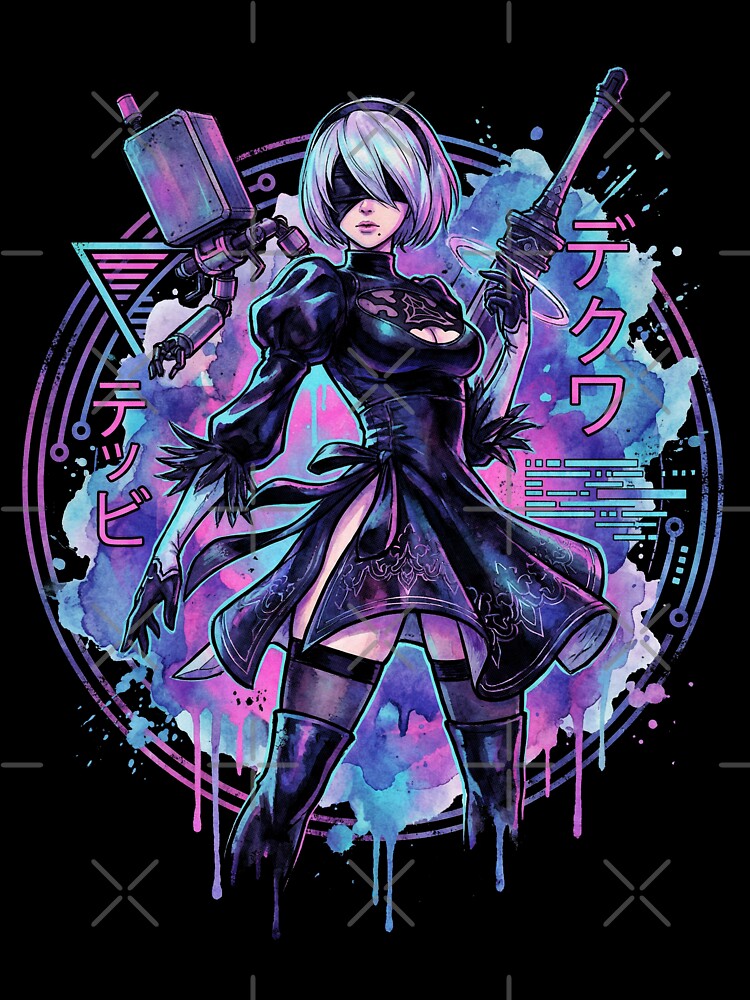 NieR Automata 2B Vaporwave Glitch Palm Sunset Neon Grid Art by Senpaiwaves