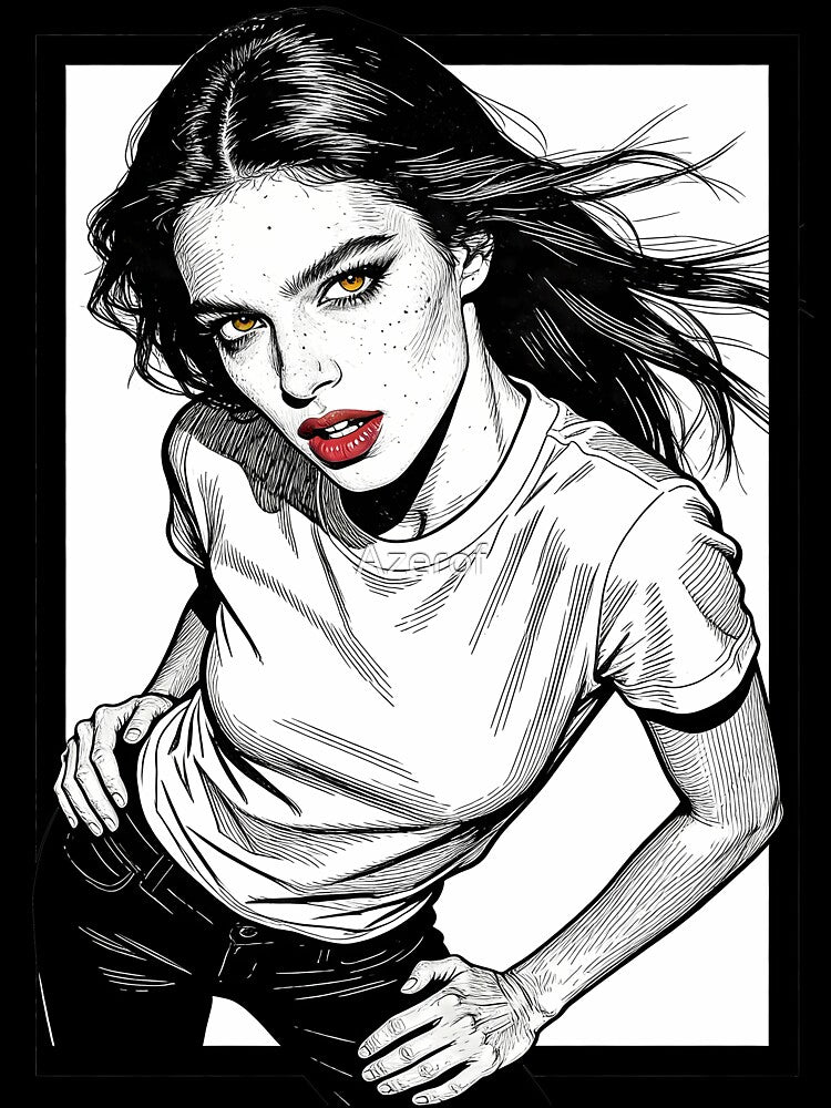 Intense Golden Stare & Red Lips - B&W Girl Line Art Crouch Pose by Azerof