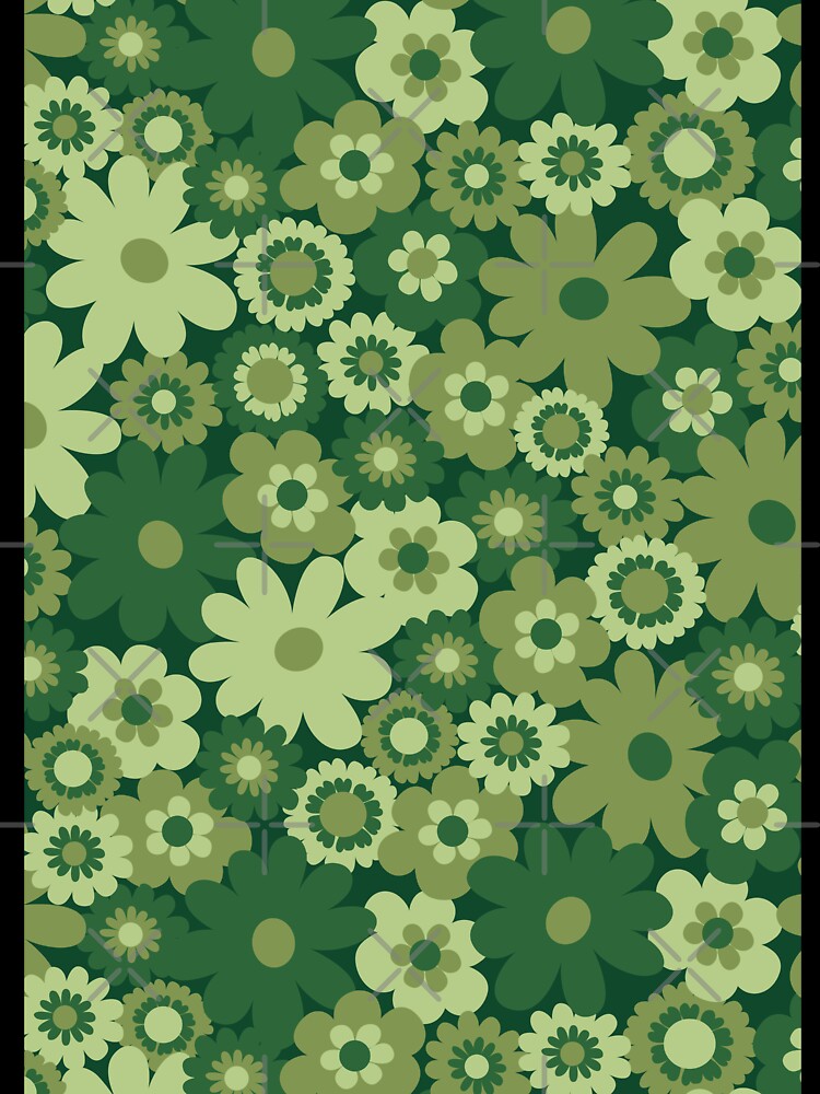 Green 60s retro flower power, retro green, pink, mustard yellow, 60s groovy pattern, hippie flowers by blomastudios