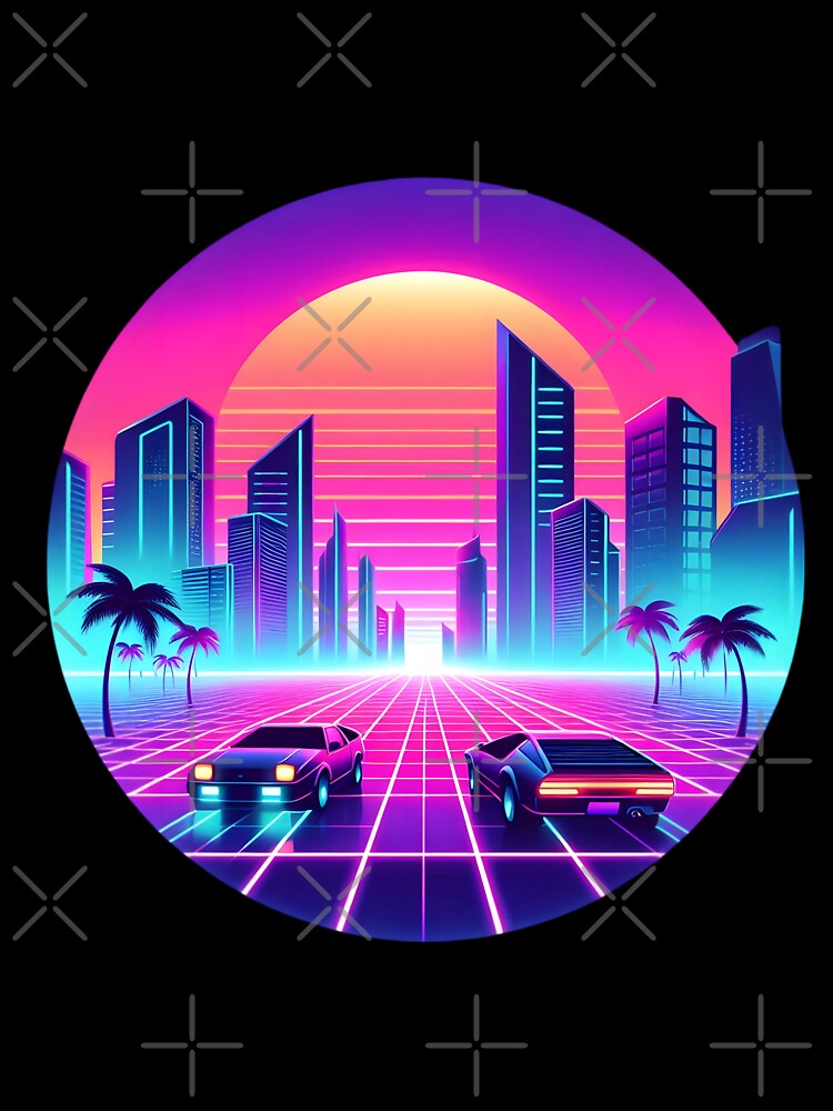 Retro Futuristic Neon Cityscape with Classic Cars by pumsquare