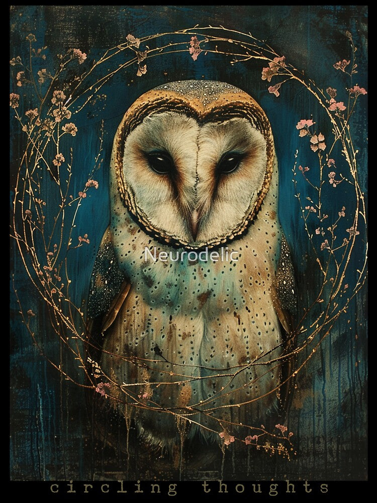 Circling Thoughts – Painterly Owl with Botanical Elements by Neurodelic