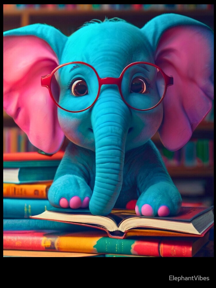 Elephant Portrait. elephant wearing glasses, nerdy elephant, elephant with books by ElephantVibes