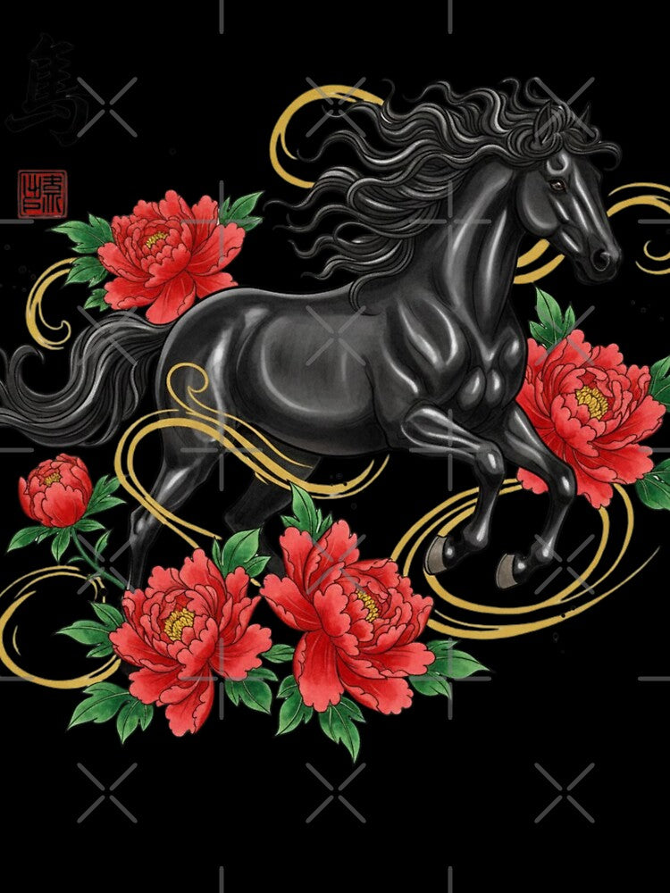 Year of the Horse 2026 Black Stallion & Red Peonies – New Year Notebook by loccotown168