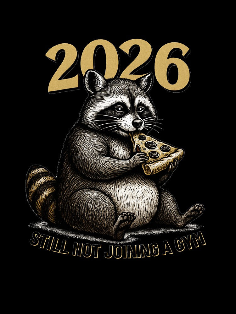 Funny 2026 New Year Raccoon Design | “Still Not Joining a Gym” | Humorous Animal Illustration for Lazy Resolution Lovers by EverlaPrints