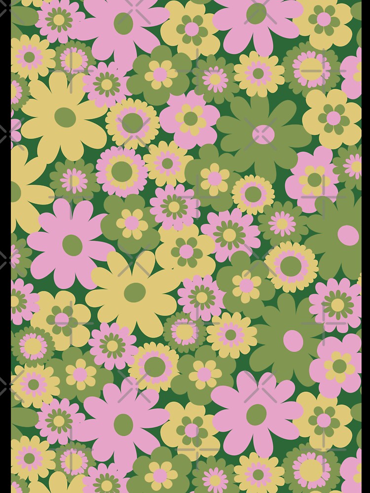 60s retro flower power, retro green, pink, mustard yellow, 60s groovy pattern, hippie flowers by blomastudios