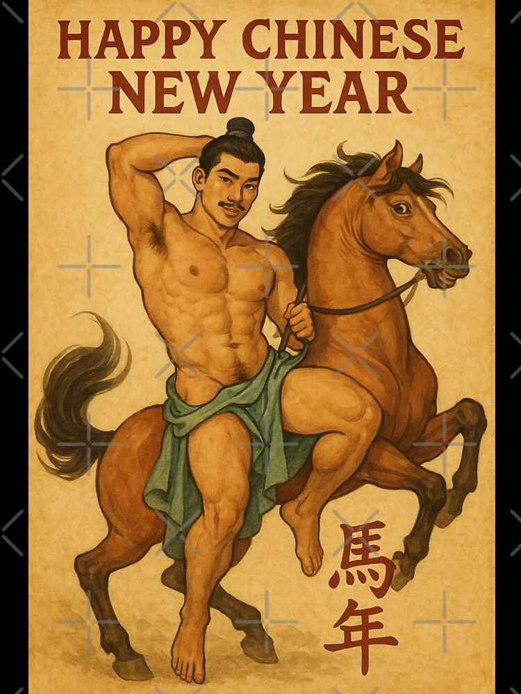 Chinese New Year Horse Rider Greeting with Muscular Man by Aryabek