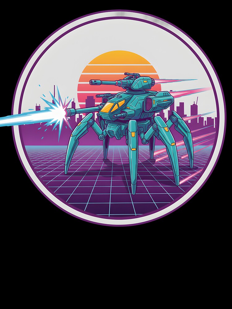 Retro Futuristic Mech Walker Neon Sunset Cyberpunk Battle. by The-T-In-Retro