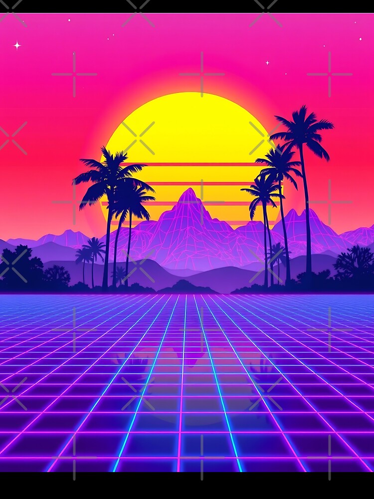 Retro 80s Synthwave Sunset – Neon Grid & Palm Trees by svarupa
