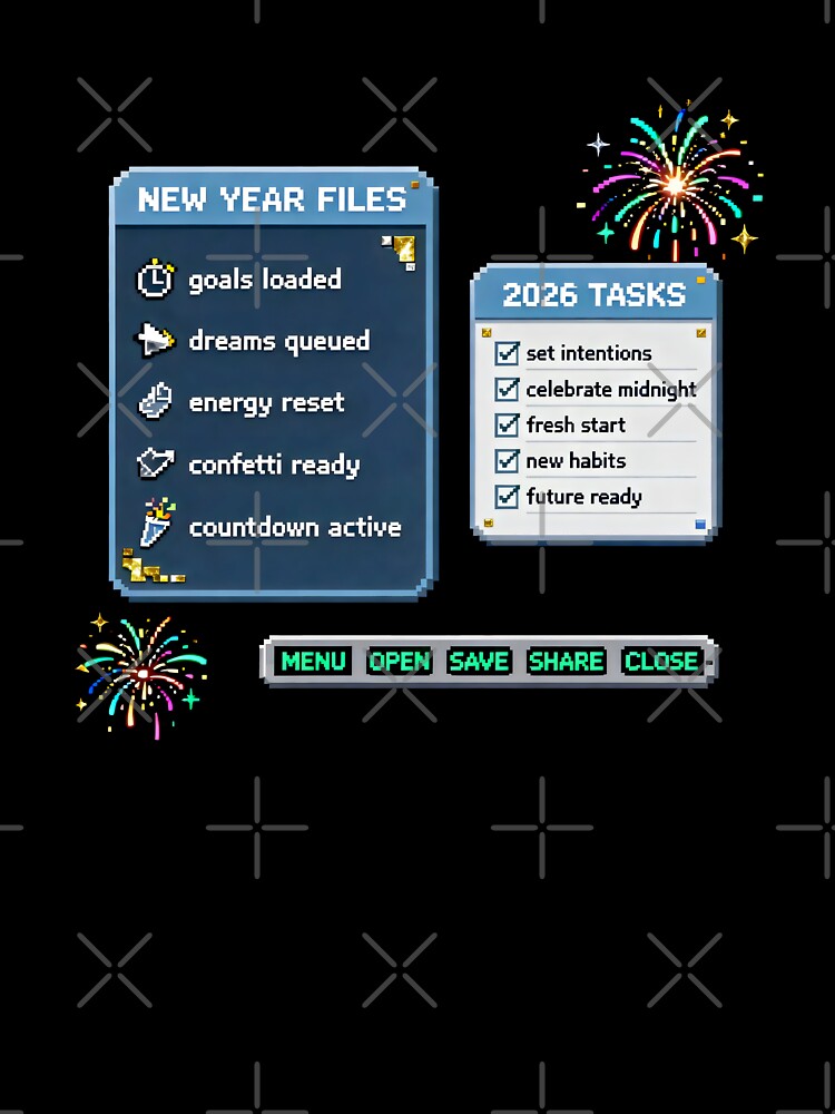 New Year Pixel Interface Design with 2026 Tasks and Retro Celebration Files by SplashTastic