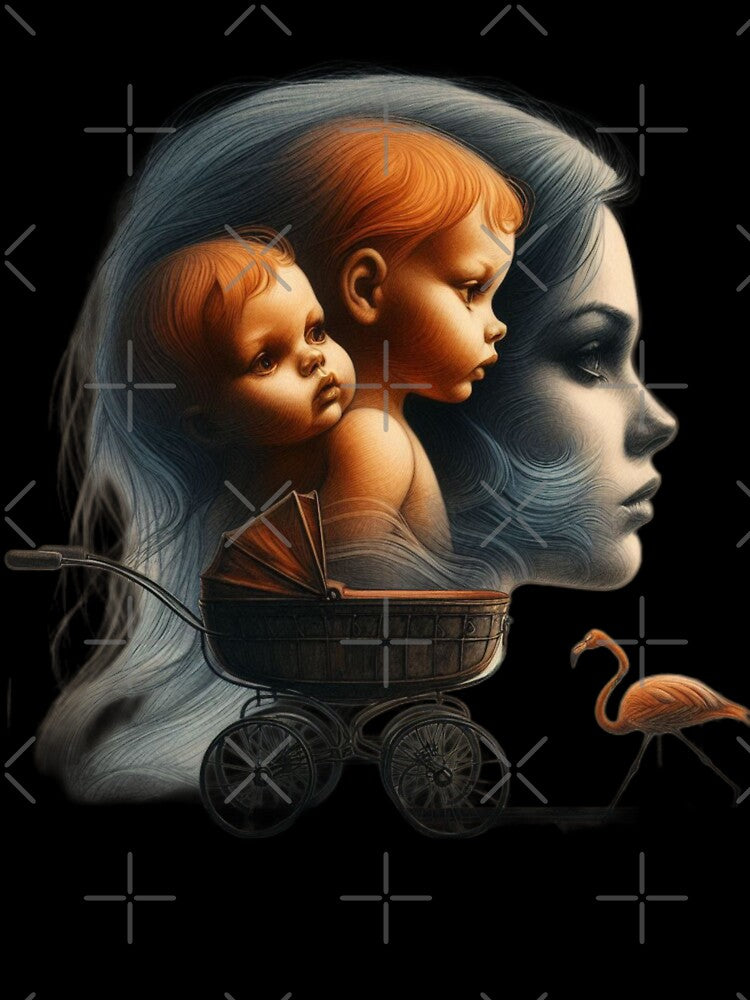 Vintage Twin Babies and Flamingo Motherhood Surreal Art by LujziWorld