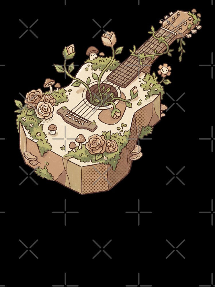 Overgrown Flowers Guitar Acoustic Instrument with Moss and Cute Mushrooms by Magnificent Lizard
