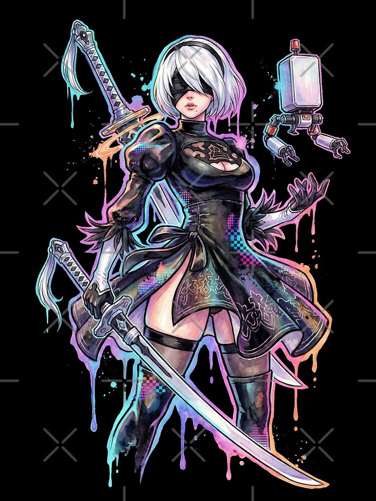 NieR Automata 2B Vaporwave Neon Japanese Text Overlay Design by Senpaiwaves