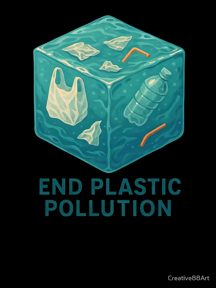 Translucent teal water cube with plastic debris on black background by Creative88Art