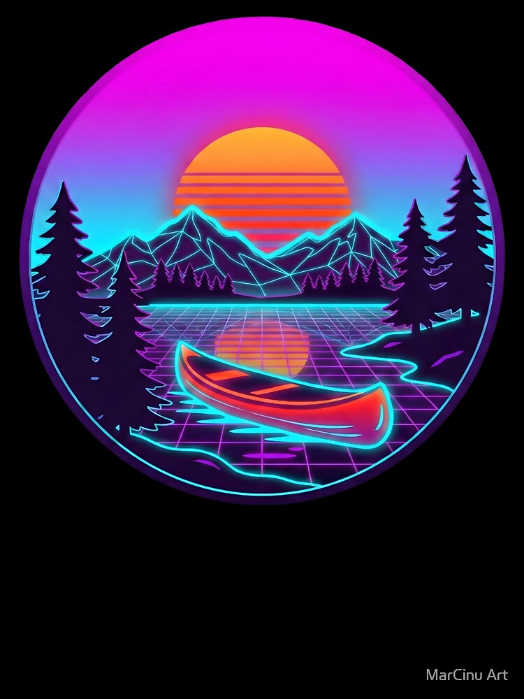 Neon Wilderness Canoe - Retro 80s Synthwave Sunset Aesthetic by MarCinu Art