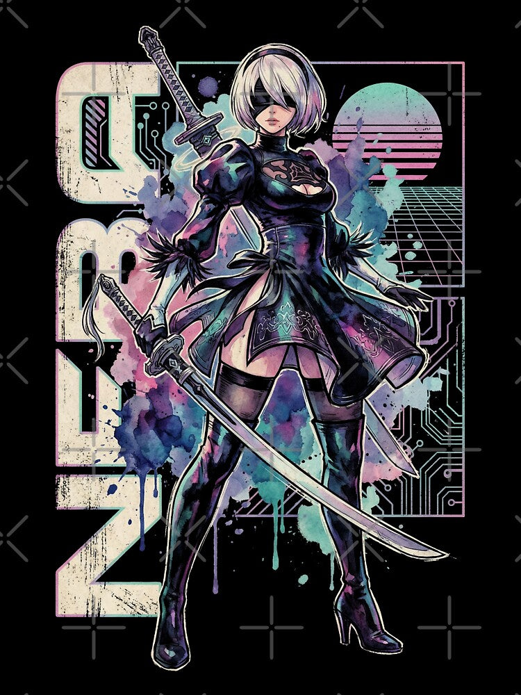 2B YoRHa NieR Vaporwave Retro 80s Pink Teal Portrait by Senpaiwaves