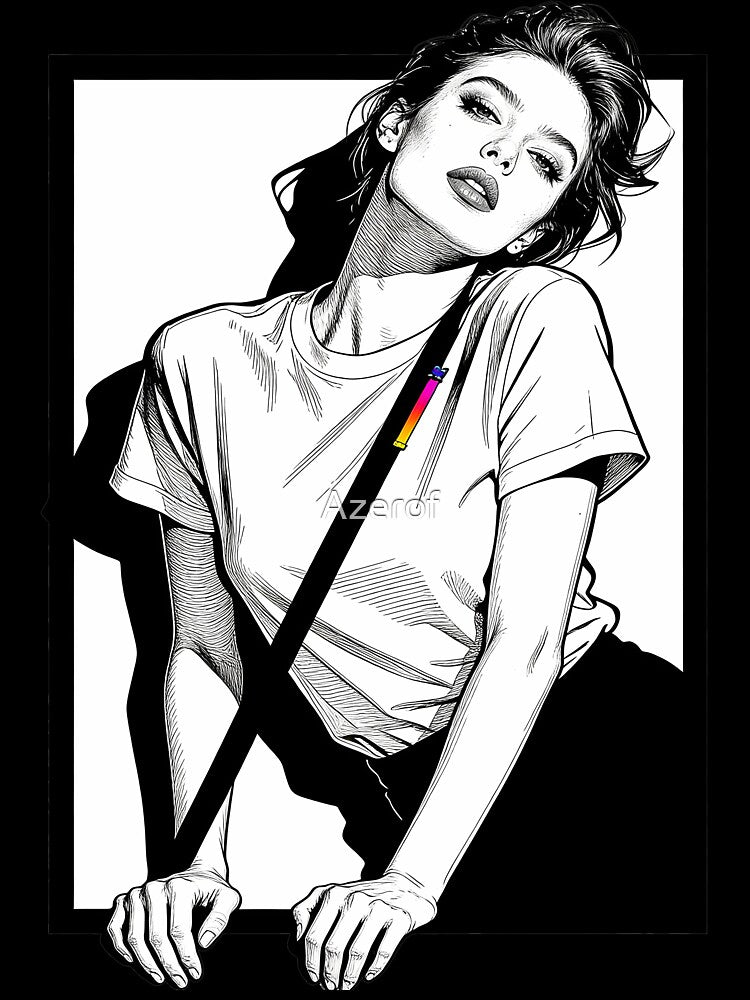 Edgy Black & White Girl Line Art with Rainbow Gradient Strap by Azerof