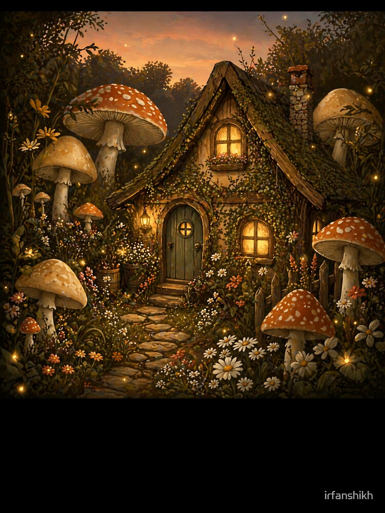 Cottagecore Mushroom Cottage Whimsical Fantasy Art | Nature Lover Fairytale Gift by irfanshikh