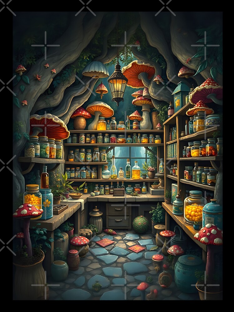 Quaint Apothecary Nestled Within A Vibrant Mushroom Forest by Wiss2Arts