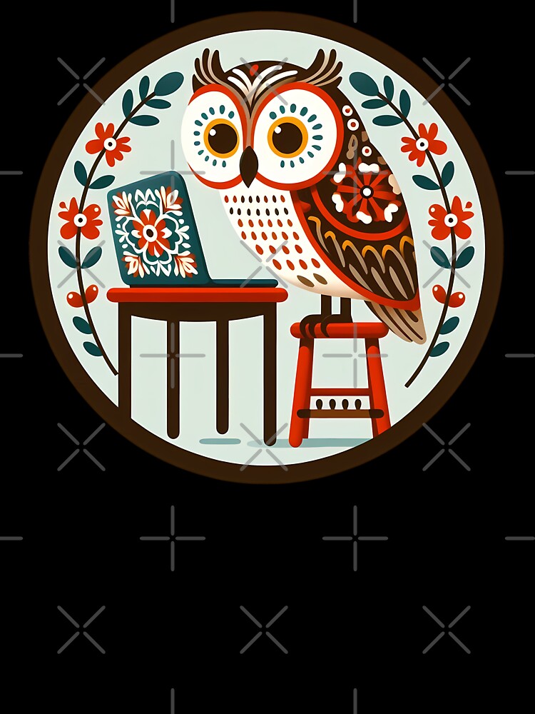 Owl: Back to School Tech Scholar - Scandinavian Folk Art by heidiannemorris © by FOLK ART FUSION by heidiannemorris