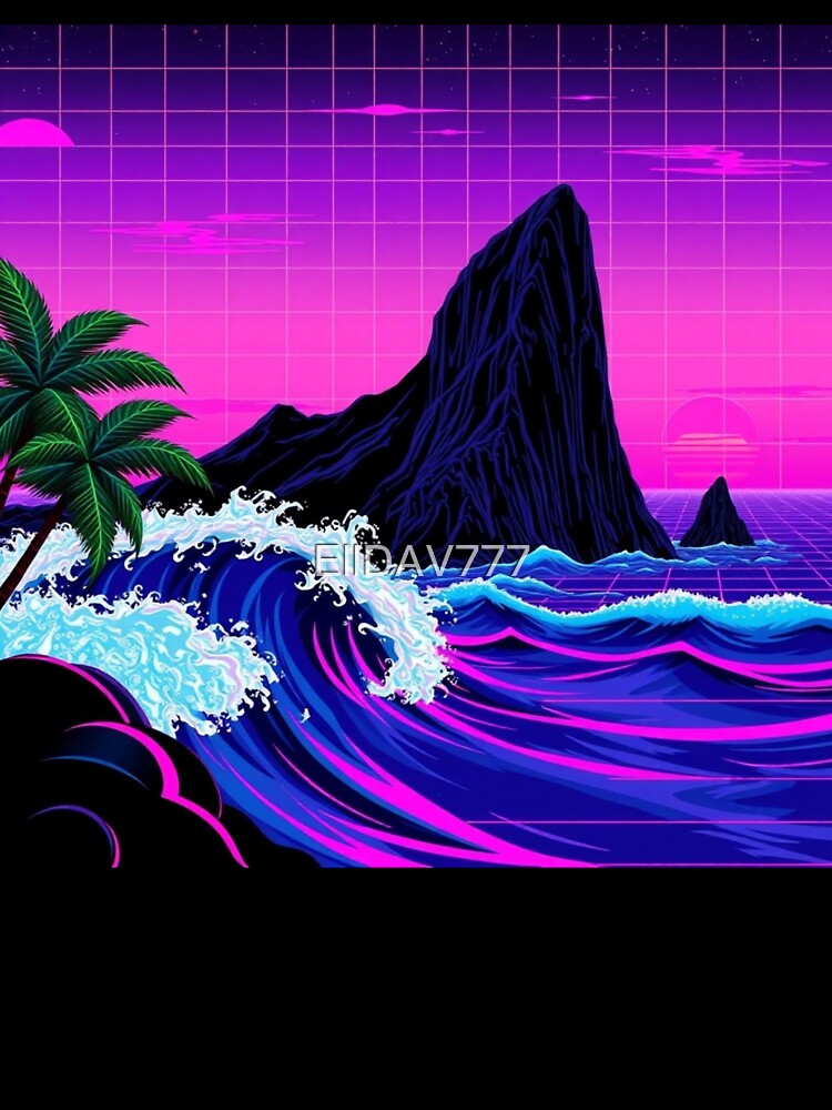Neon Synthwave Ocean Waves Retro Sunset Vaporwave Art by EllDAV777