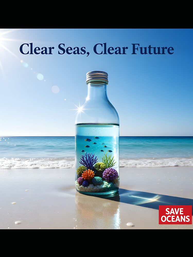 Save Oceans Concept Art: Message in a Bottle with Coral Reef on Clear Beach by Creative-RE
