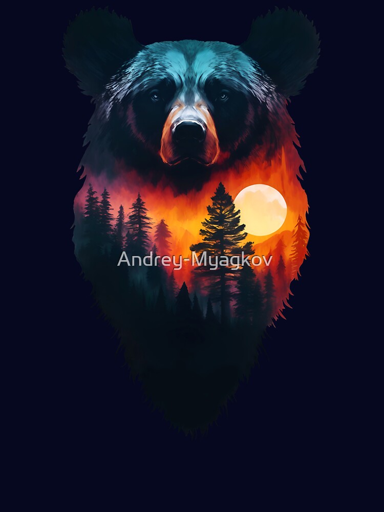 Preserve and protect bears and nature, Double exposure of bear silhouette and sunset trees forest, Save the wilderness environment and climate concepts by Andrey-Myagkov