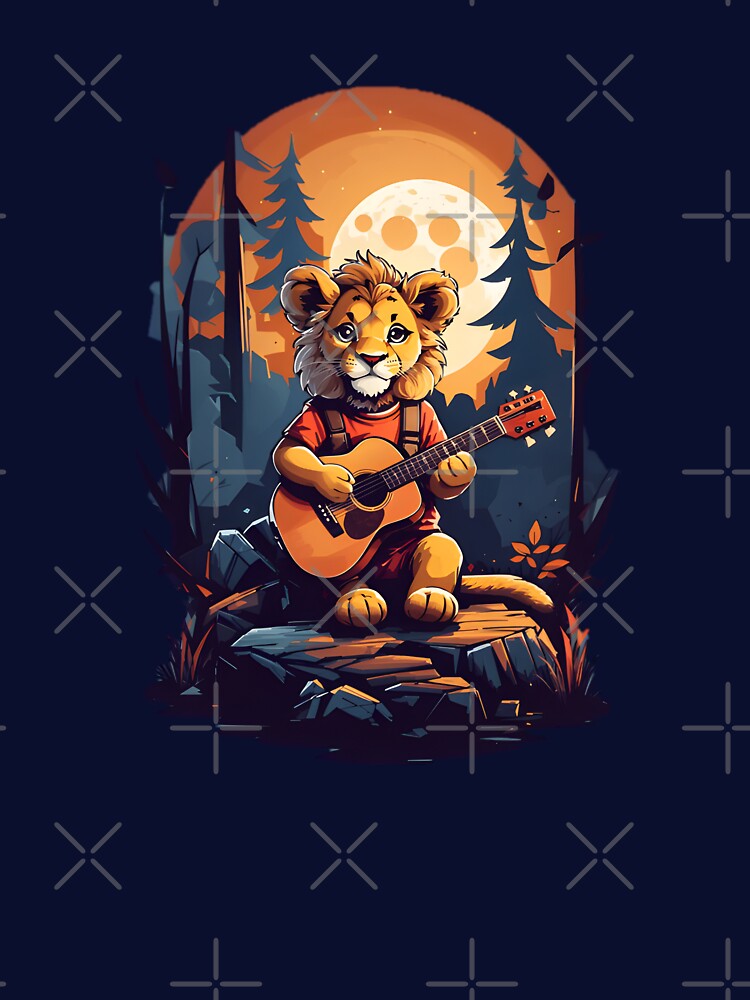 Romantic lion cub playing guitar at night cartoon graphic for kids T-Shirt by CedricNorbinho