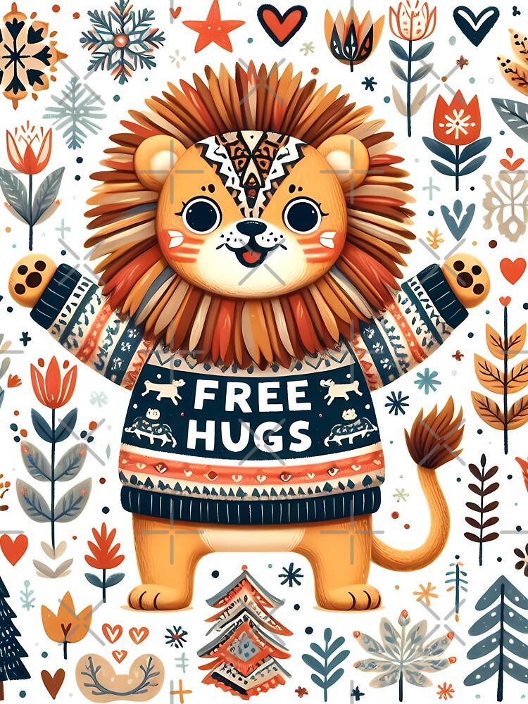 Cute Free Hugs Lion - Scandinavian Folk Art by heidiannemorris © by FOLK ART FUSION by heidiannemorris