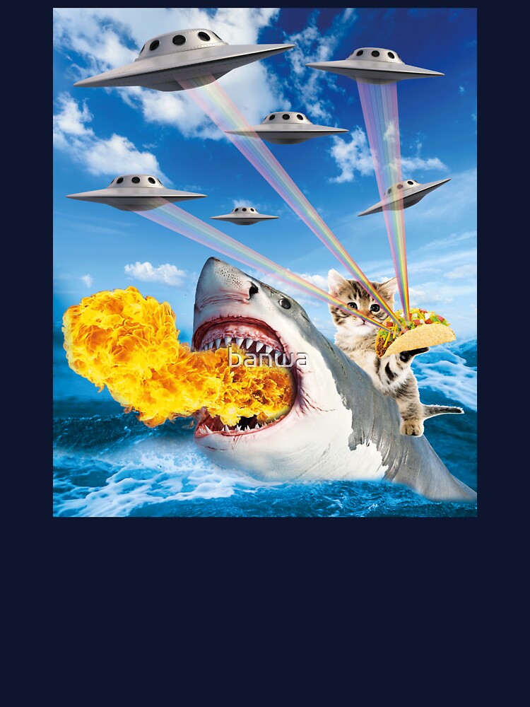 Cat Riding Fire Breathing Shark Rainbow Laser Taco  graphic by banwa