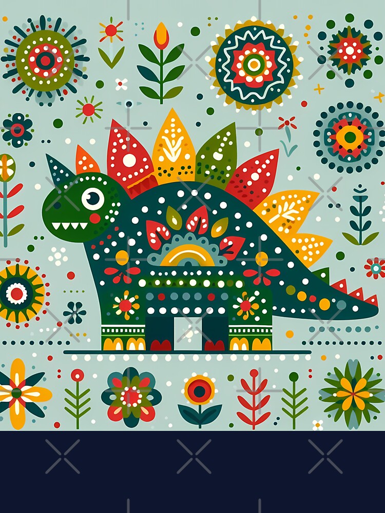 Scandinavian Folk Art Cute Green Stegosaurus Dinosaur by heidiannemorris © by FOLK ART FUSION by heidiannemorris