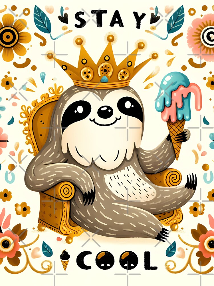 Stay Cool Sloth King with Ice Cream - Scandinavian Folk Art by heidiannemorris © by FOLK ART FUSION by heidiannemorris