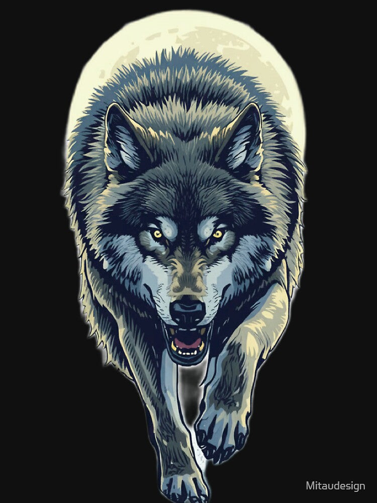 Running Wolf – Fierce Grey Wolf with Glowing Eyes T-Shirt Design by Mitaudesign
