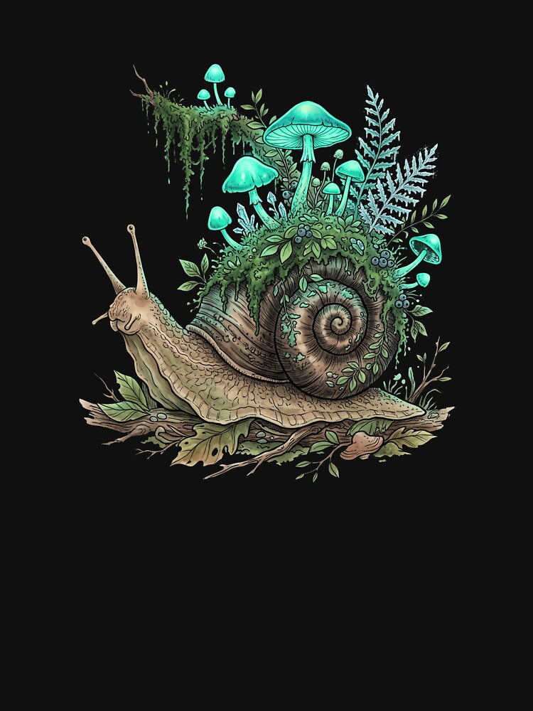 Glowing Mushroom Snail Mystical Forest Botanical Art by Ortsas