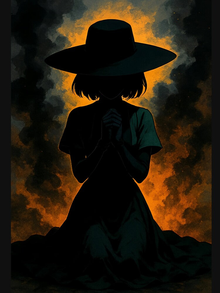Mysterious Woman in Smoke and Fire – Dark Fantasy Gothic Art with Wide-Brim Hat and Dramatic Lighting by tarotstarostina