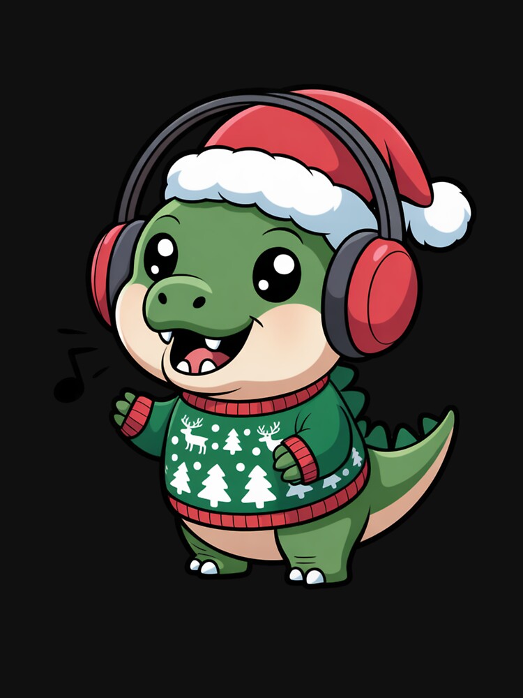 Kawaii Chibi Dinosaur in Ugly Christmas Sweater – Funny Holiday Singing Design by ColorSplash123