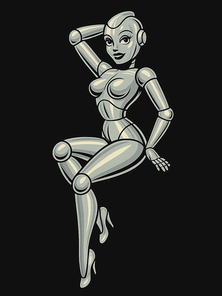 Galactic Glamour – Retro Chrome Robot Pin-Up Tee by MerkAkid