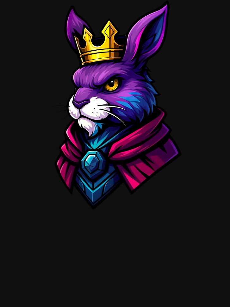Regal Royal Purple Rabbit King Wearing Golden Crown and Gemmed Cloak in Vibrant Fantasy Style Majestic Animal Illustration by Mimoshi ⭐⭐⭐⭐⭐