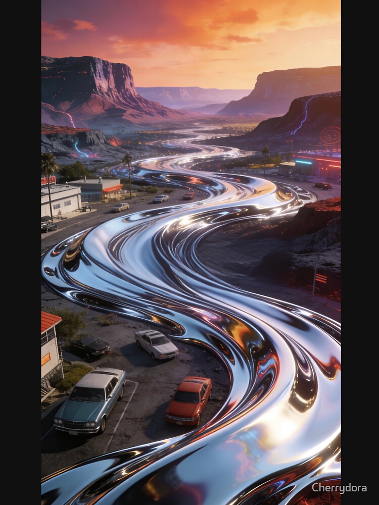 Liquid Chrome Road Trip Art | Retro-Futurism Desert Sunset Landscape | Outrun Vaporwave Aesthetic Poster by Cherrydora