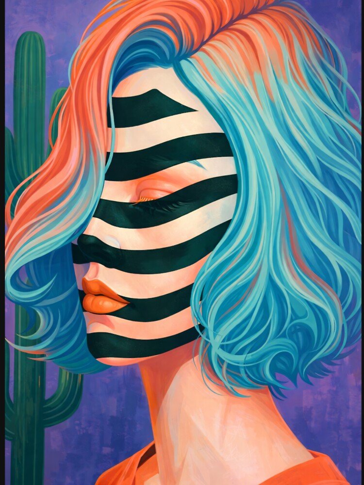 Surreal Striped Face Portrait – Psychedelic Woman Art Print by Trend Pixel Co.