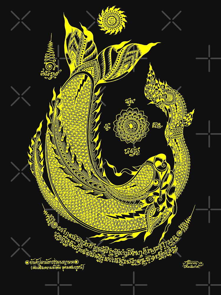 Thai traditional art of Talisman Fish and Naga Gold color. by AmornGallery