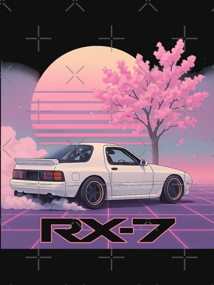 Retro RX-7 FC3S Vaporwave Drift Art – Cherry Blossom Neon Sunset Illustration by TheArtOfCar
