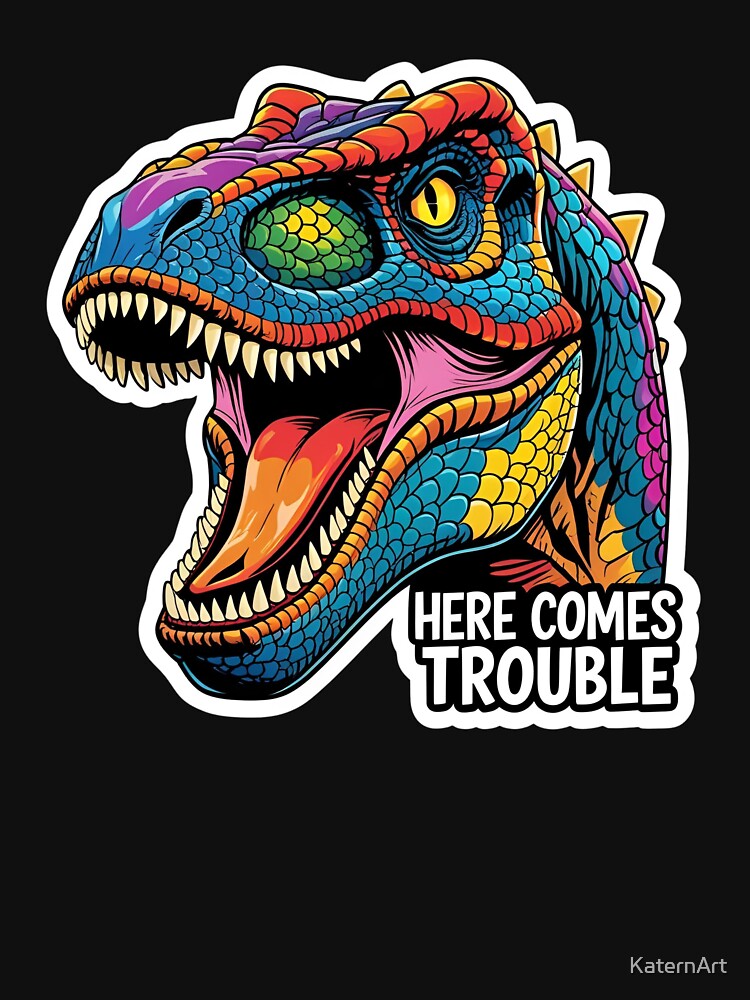 Colorful T-Rex Dinosaur Head - Here Comes Trouble by KaternArt