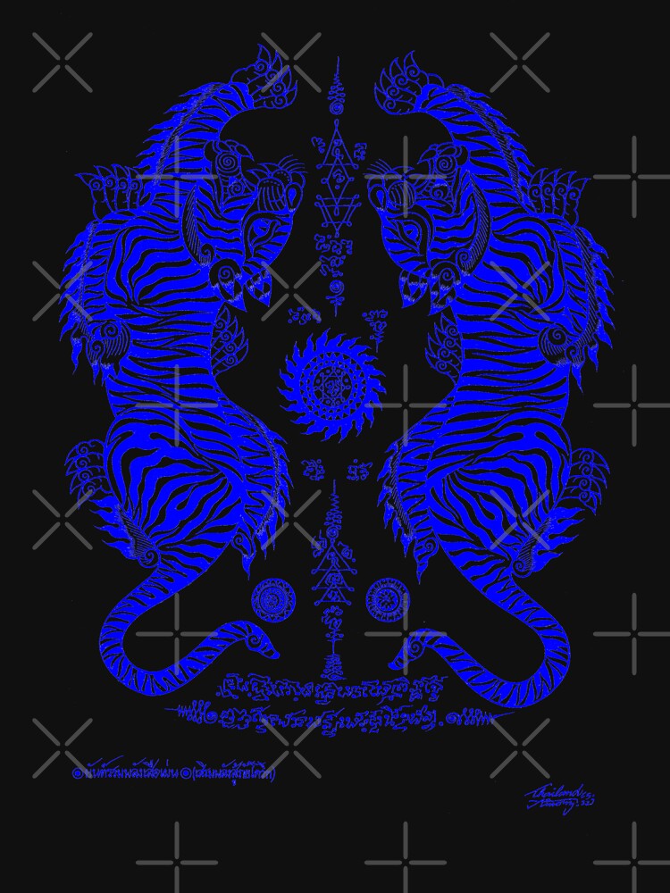 Thai traditional art of Talisman Tiger Leap (Tiger pairs) Blue color. by AmornGallery