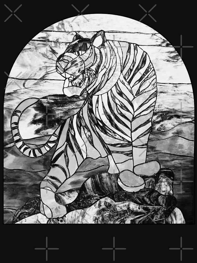 B&W Tiger Stained Glass Window | Tiger Printed | Tiger Art Graphic | Tiger Japanese Art by KonnichiwaStore