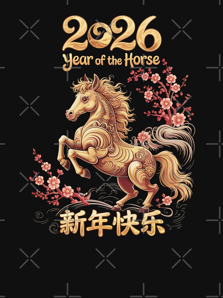 2026 Year of the Horse Golden Horse with Cherry Blossoms by Gogetgiggles