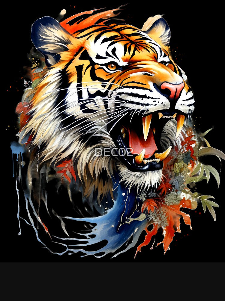 Growling Tiger With Sharp Teeth And Botanical Accents by DEC02