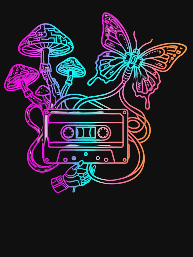 Synthwave Cassette Tape & Neon Magic Mushrooms - Trippy Cyber Nature by V-ZRO