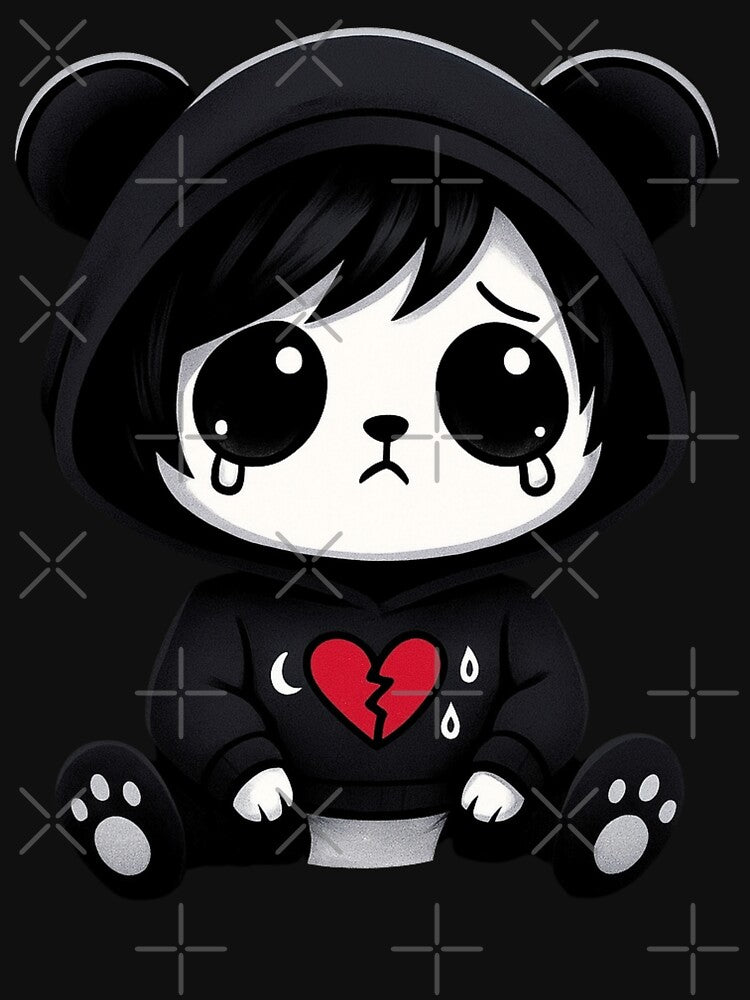 Sad Panda Girl in Broken Heart Hoodie | Cute Emo Kawaii Design by Mewra